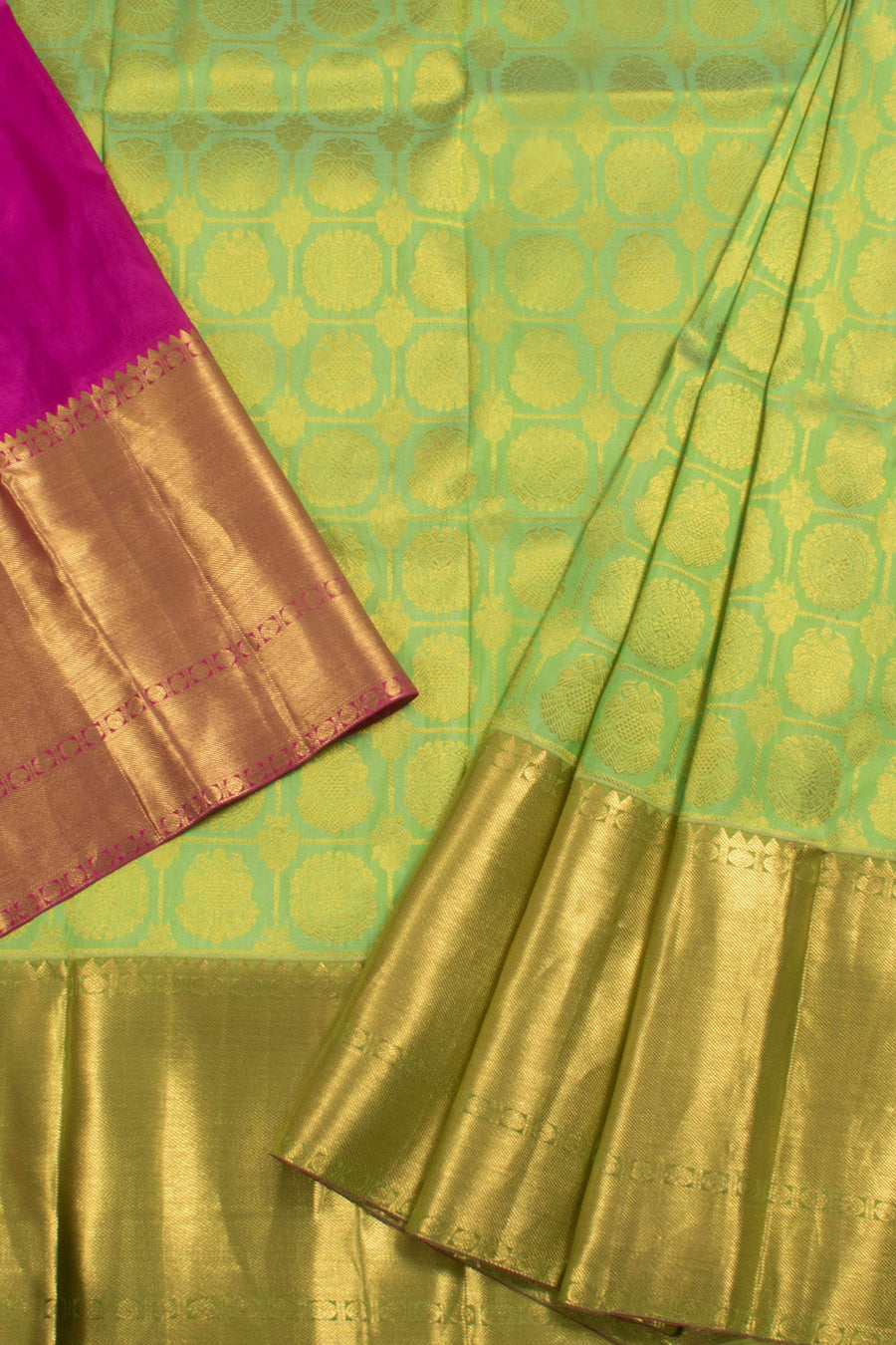 5 to 9 Year Size Handloom Pure Zari Kanjivaram Silk Pattu Pavadai with Iruthalai Pakshi, Chakram Motifs and Bavanji Border