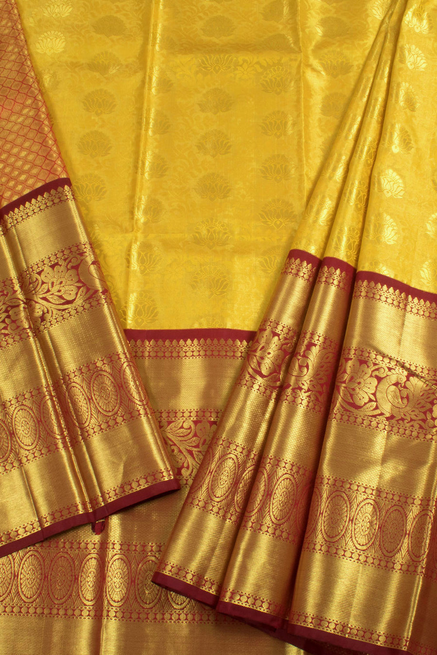 Universal Size Handloom Pure Zari Korvai Kanjivaram Tissue Silk Pattu Pavadai Material with Floral Design and Mayil Chakram Border 