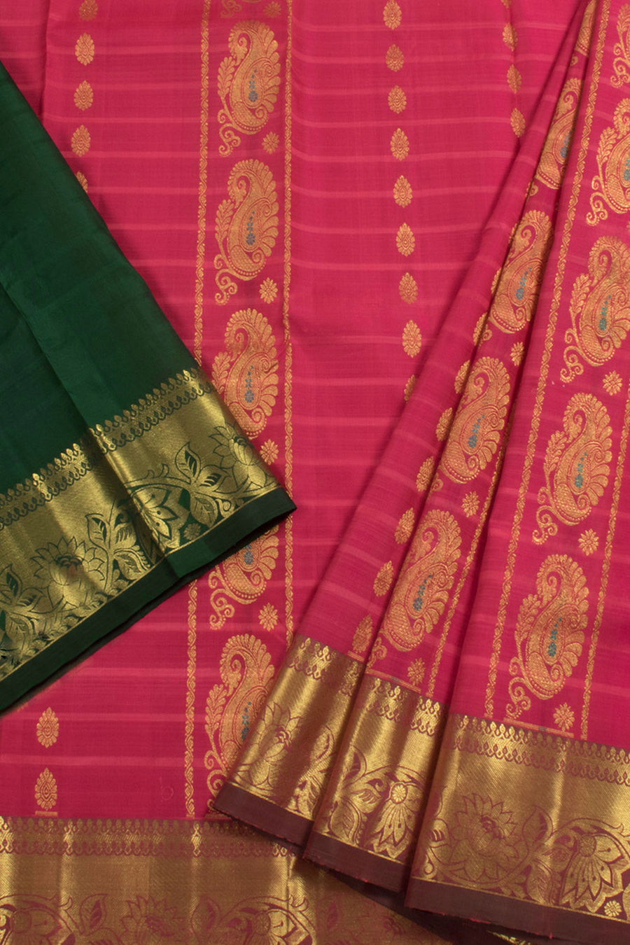 5 to 9 Year Size Handloom Pure Zari Kanjivaram Tissue Silk Pattu Pavadai Material with Meenakari Paisley Motifs and Floral Salangai Border
