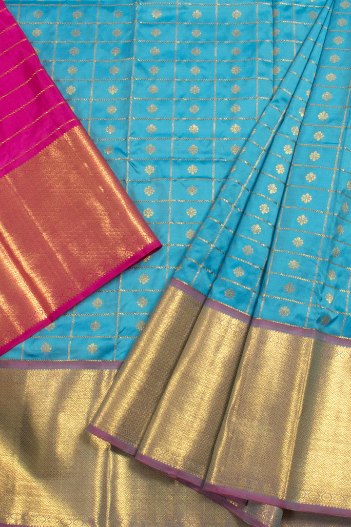 5 to 9 Year Size Handloom Pure Zari Kanjivaram Silk Pattu Pavadai with Checks Design, Floral Motifs and Kuyil Kann Border