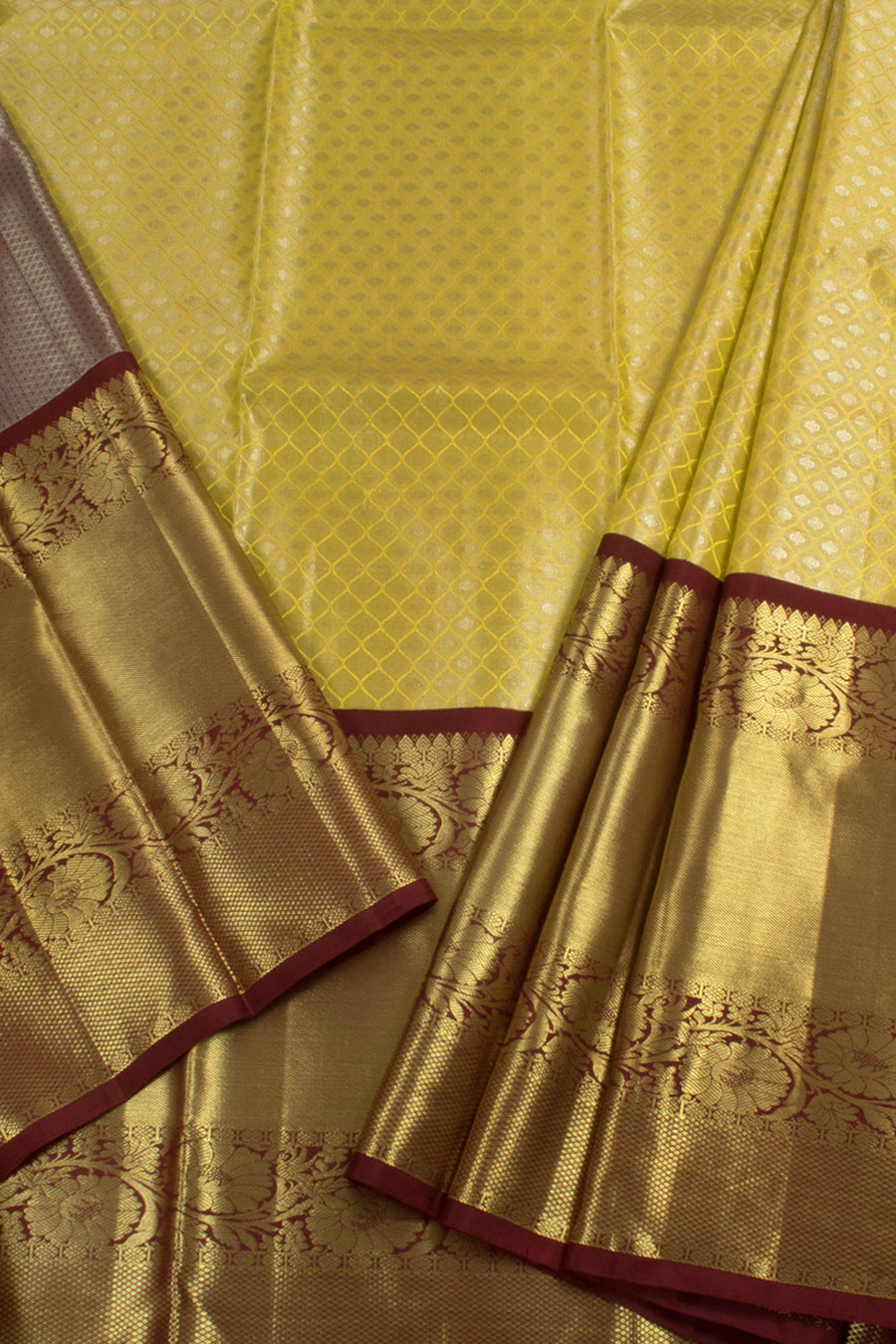 Universal Size Handloom Pure Zari Korvai Kanjivaram Tissue Silk Pattu Pavadai Material with Trellis Design and Kodimalar, Bavanji Border