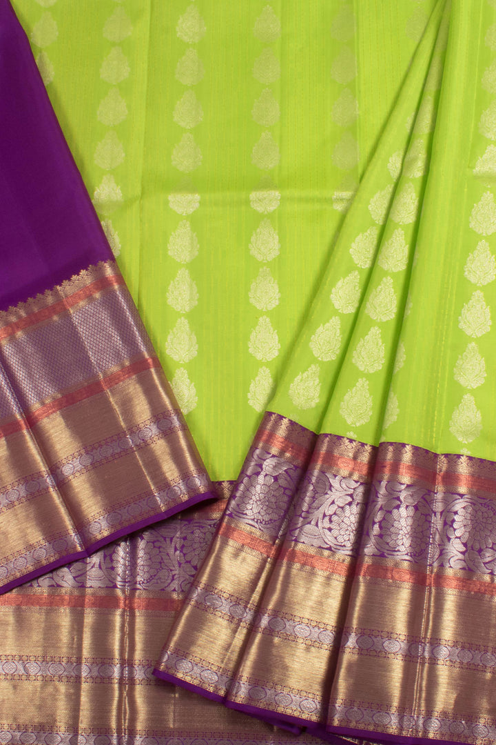 Universal Size Handloom Pure Zari Korvai Kanjivaram Silk Pattu Pavadai Material with Silver Zari Floral Motifs and Kodimalar Border