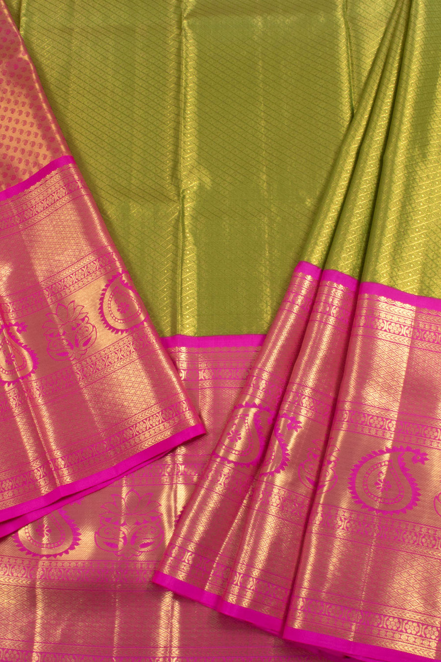 Universal Size Handloom Pure Zari Korvai Kanjivaram Tissue Silk Pattu Pavadai Material with Kuyil Kann Motifs and Paisley Border