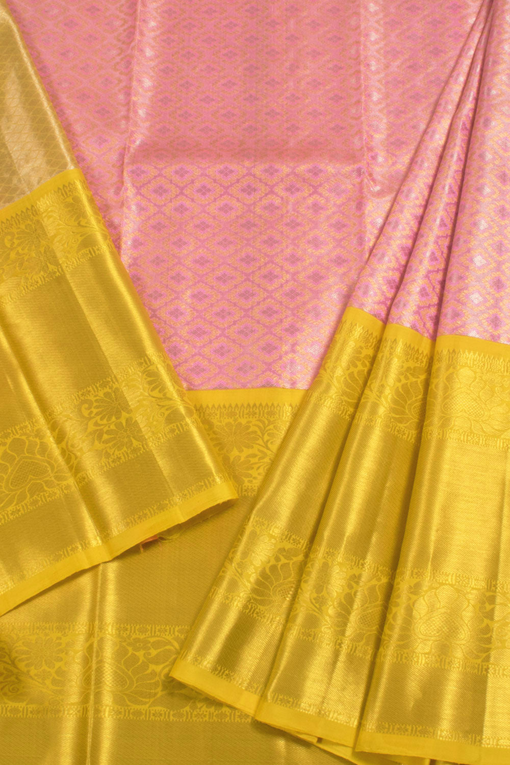 Universal Size Handloom Pure Zari Korvai Kanjivaram Tissue Silk Pattu Pavadai Material with Floral Design and Bavanji Border 