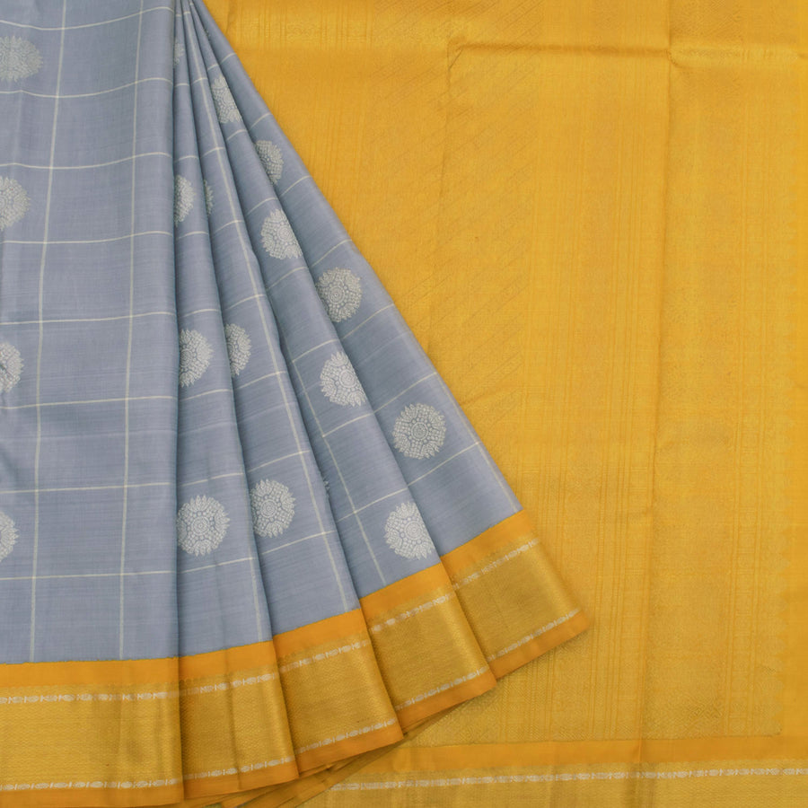 Handloom Pure Zari Bridal Korvai Kanjivaram Silk Saree With Checks Design, Chakram Motifs and Kuyil Kann Border