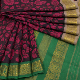 Hand Painted Pen Kalamkari Pure Zari Korvai Kanjivaram Silk Saree with Floral Design and Ganga Jamuna Paisley Border 