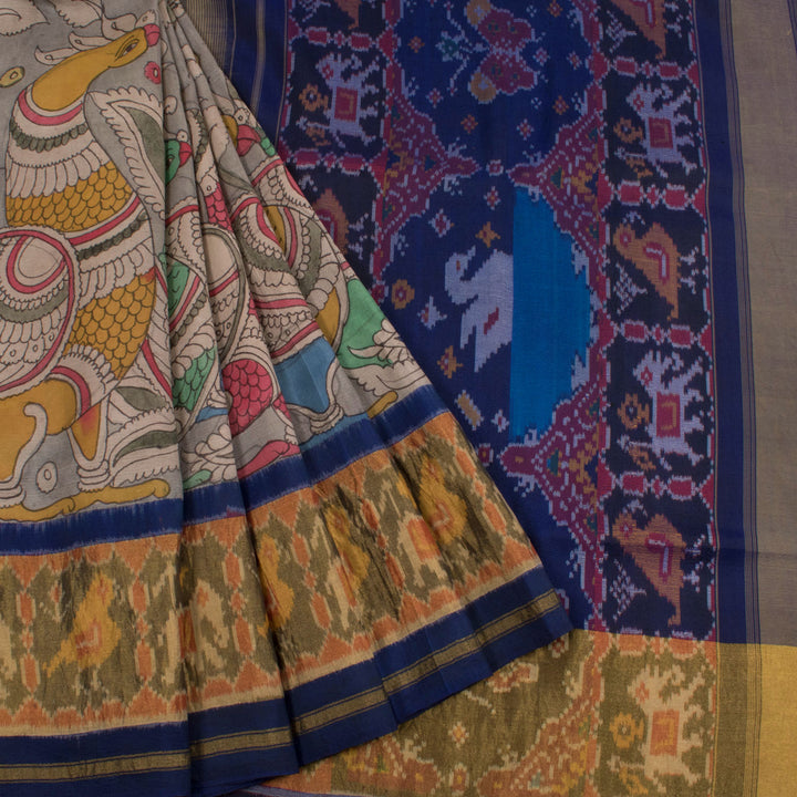 Hand Painted Pen Kalamkari Silk Saree with Peacock, Floral Motifs, Patola Ikat Statement Pallu and Tissue Border 