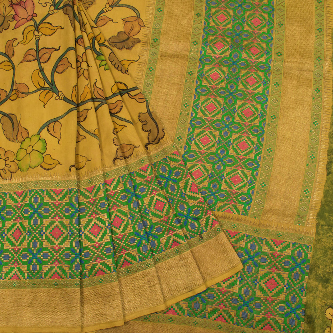 Hand Painted Pen Kalamkari Banarasi Silk Saree with Patola Style Brocade Border and Pallu 