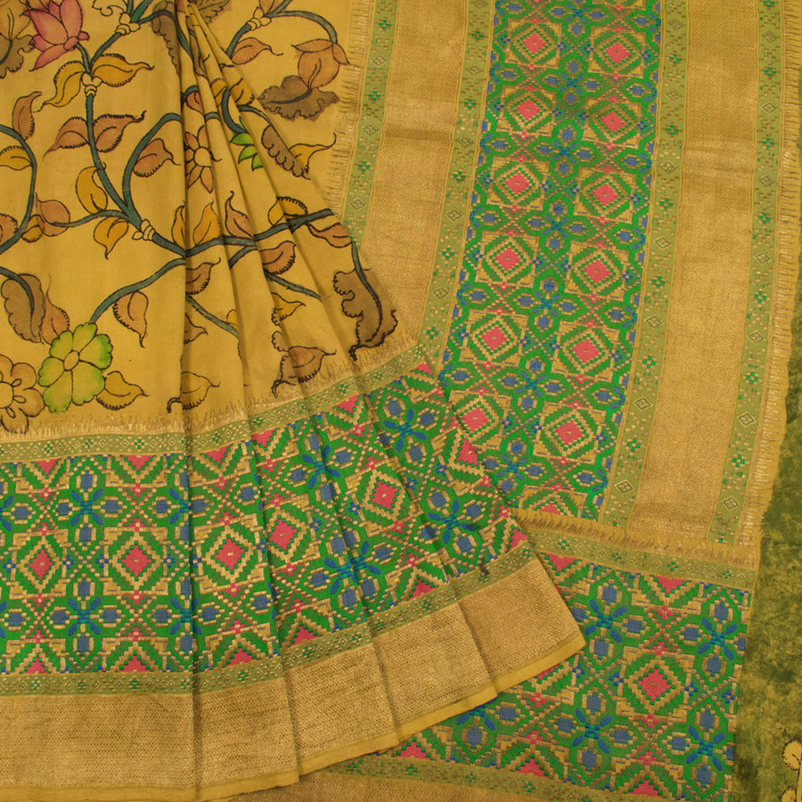Hand Painted Pen Kalamkari Banarasi Silk Saree with Patola Style Brocade Border and Pallu 