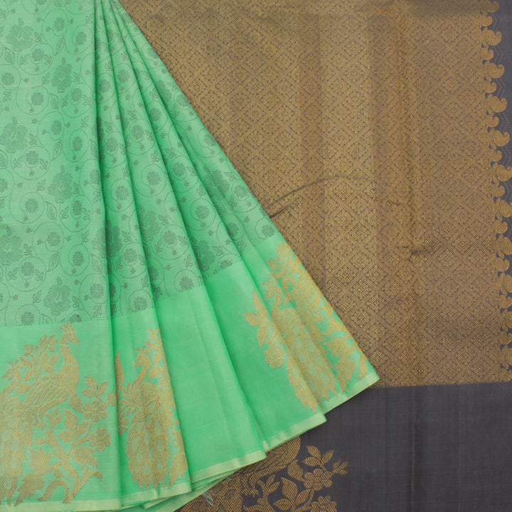 Handloom Pure Zari Jacquard Kanjivaram Silk Saree with Threadwork Kodimalar Design and Peacock Zari Border