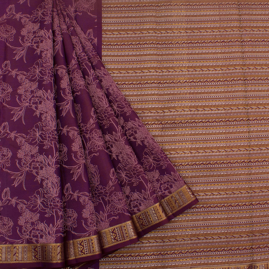 Handloom Pure Zari Jacquard Kanjivaram Silk Saree with Threadwork Floral Design and Gold, Silver Zari Geometric Border