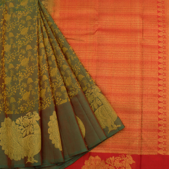 Handloom Pure Zari Jacquard Kanjivaram Silk Saree with Kodimalar Design and Peacock Border