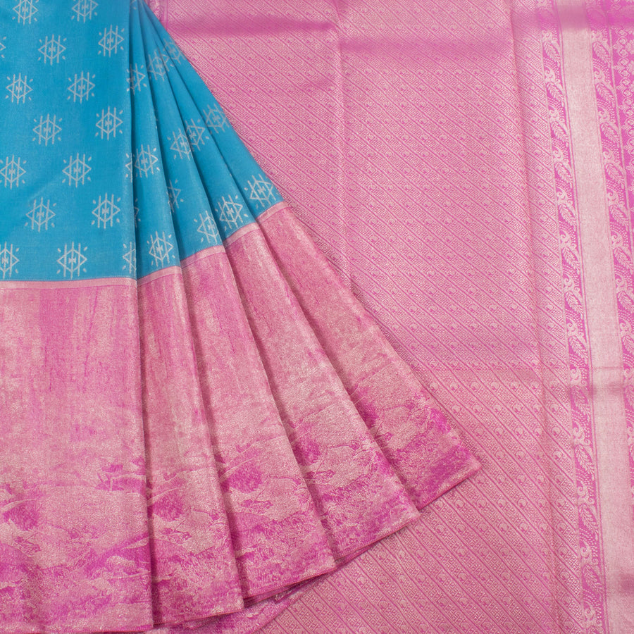 Handloom Pure Zari Jacquard Korvai Kanjivaram Tissue Silk Saree with Geometric Motifs and Landscape Design Tissue Border