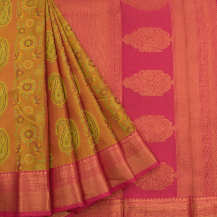 Handloom Pure Zari Jacquard Kanjivaram Silk Saree with Floral Paisley Motifs and Bavanji, Kuyil Kann Border