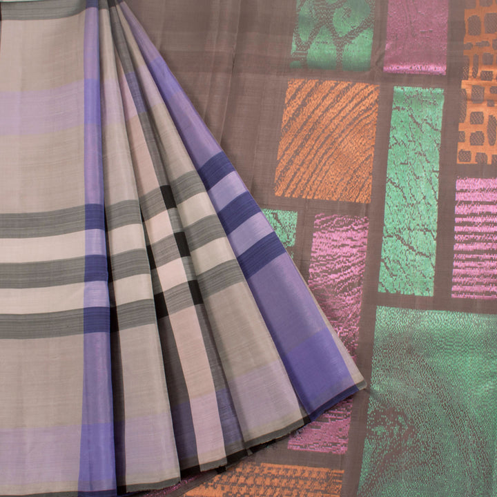 Handloom Pure Silk Kanjivaram Silk Saree with Checks Design and Marble Pattern Pallu