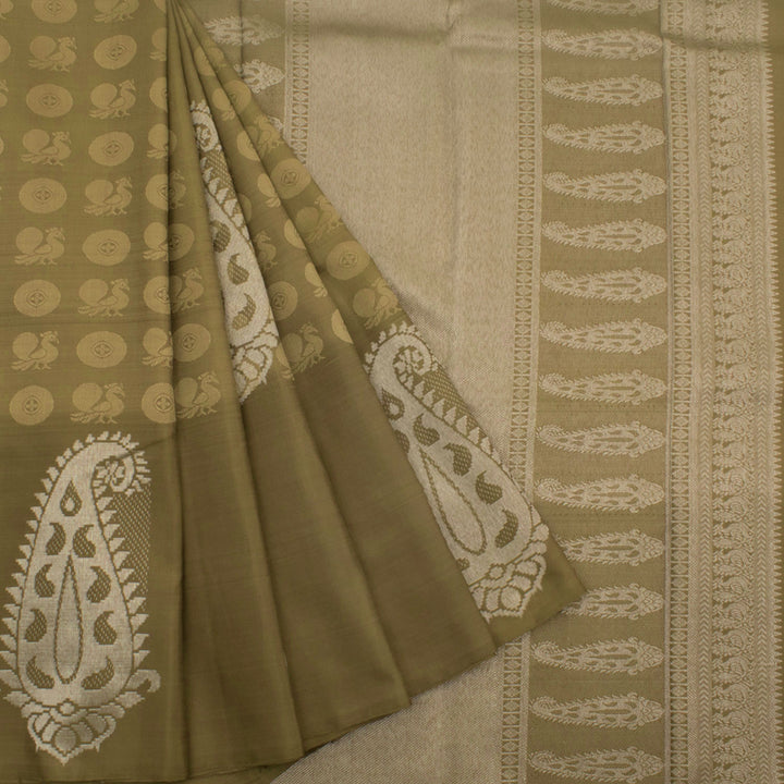 Handloom Pure Zari Borderless Kanjivaram Silk Saree with Mayil Chakram Motifs and Silver Zari Paisley Border