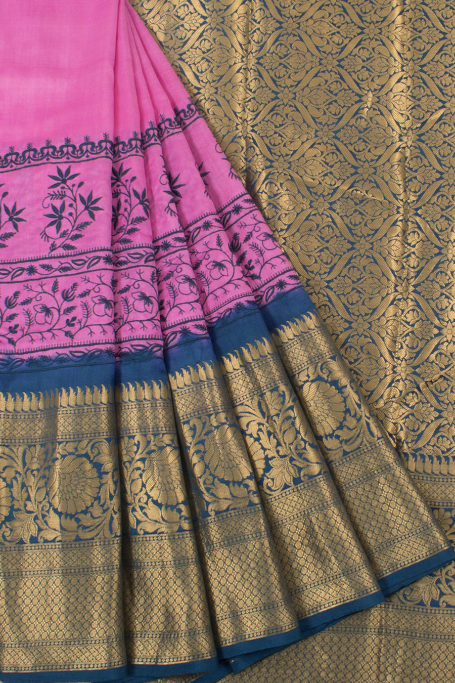Pure Silk Kanjivaram Saree with Floral Embroidered and Zari Border 