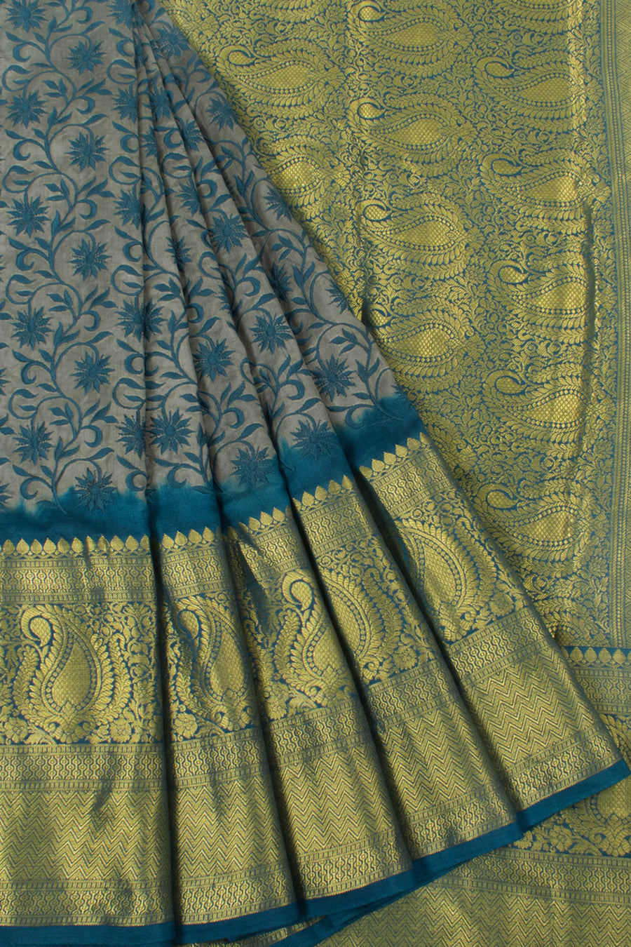 Pure Silk Kanjivaram Saree with Allover Floral Embroidered and Zari Border 