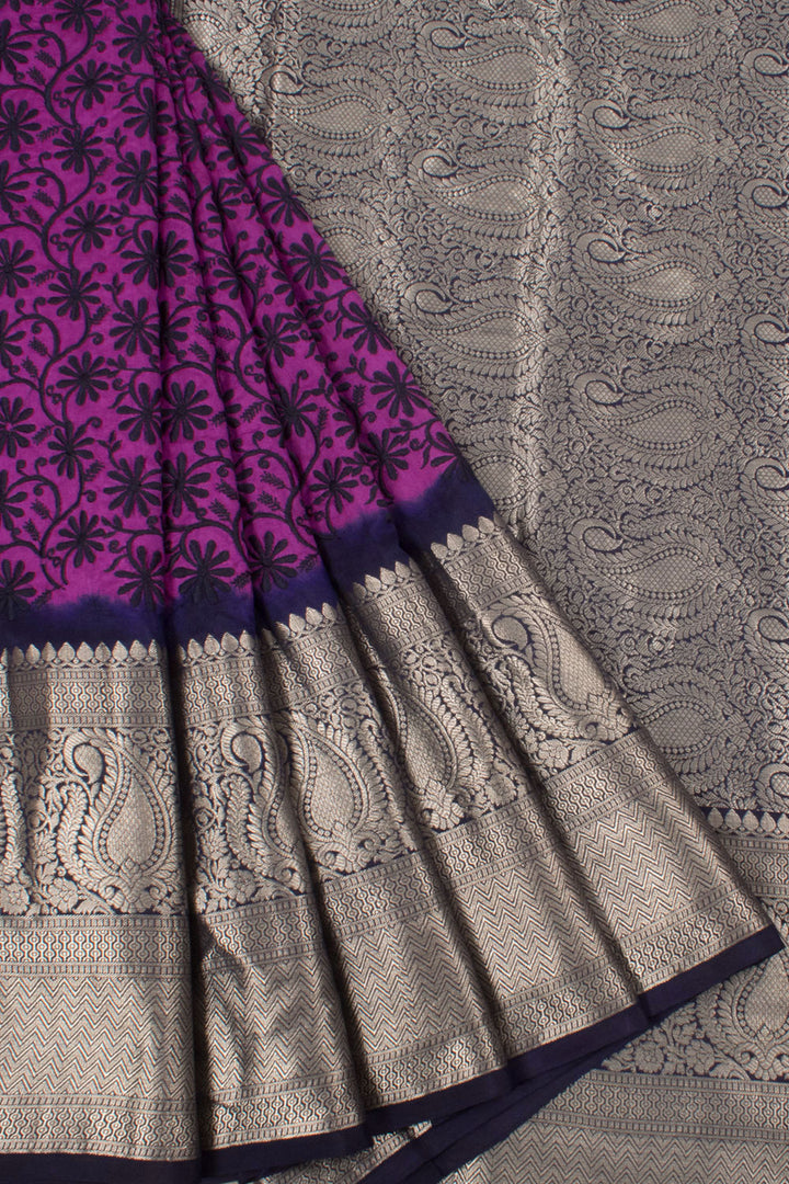 Pure Silk Kanjivaram Saree with Allover Floral Embroidered and Silver Zari Border