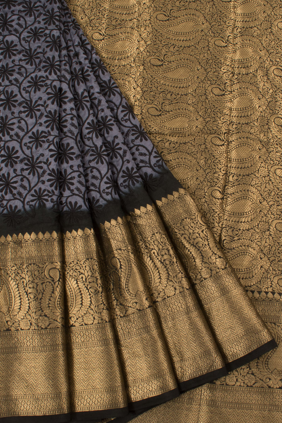 Pure Silk Kanjivaram Saree with Allover Floral Embroidered and Paisley Zari Border