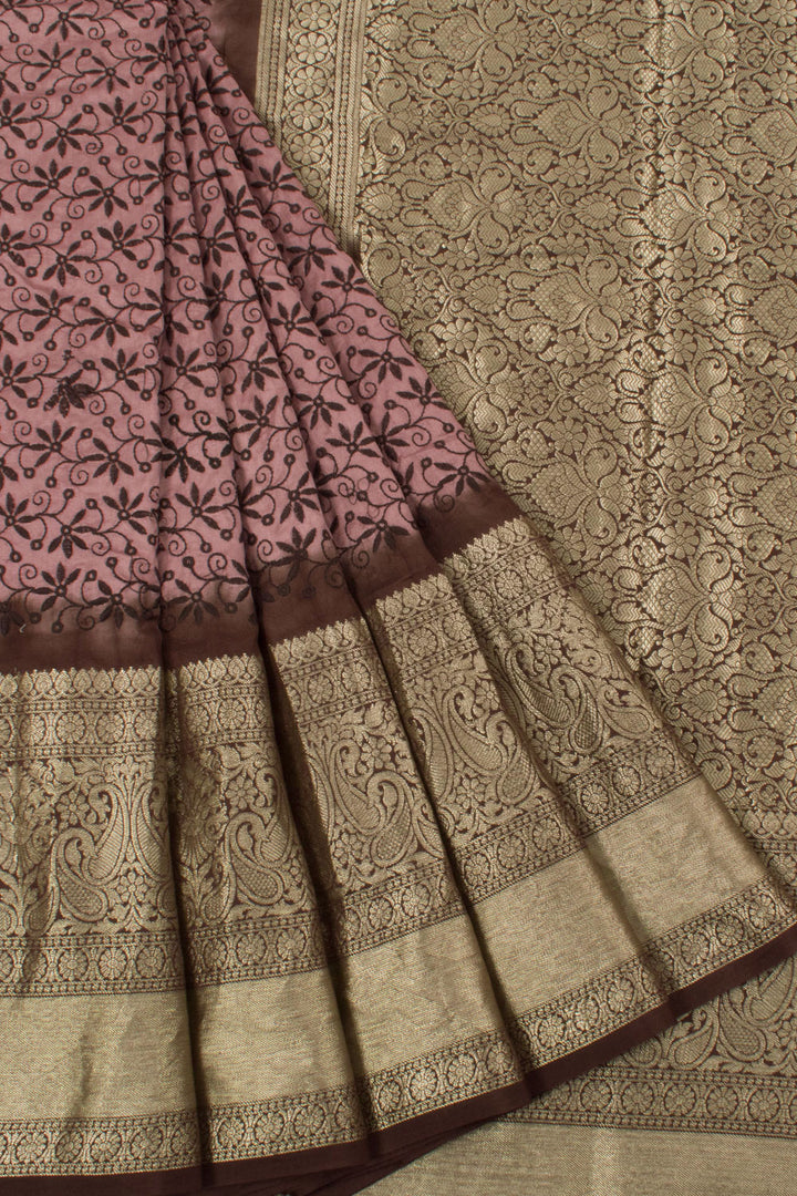 Pure Silk Kanjivaram Saree with Allover Floral Embroidered and Paisley Zari Border