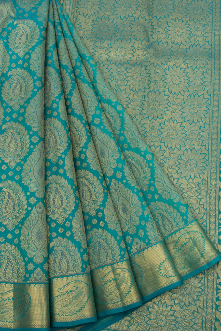 Handloom Pure Zari Bridal Jacquard Kanjivaram Silk Saree with Floral Motifs and Pasiley Border