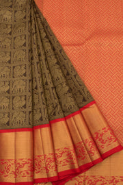 Handloom Pure Zari Korvai Jacquard Kanjivaram Silk Saree with Kattam Butta Elephant, Peacock Motifs and Bavanji Border