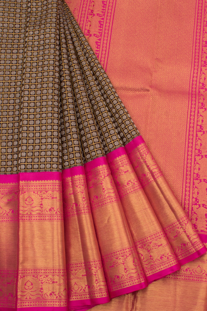 Handloom Pure Zari Korvai Jacquard Kanjivaram Silk Saree with Checks Design, Silver Zari Floral Motifs and Yazhi Border