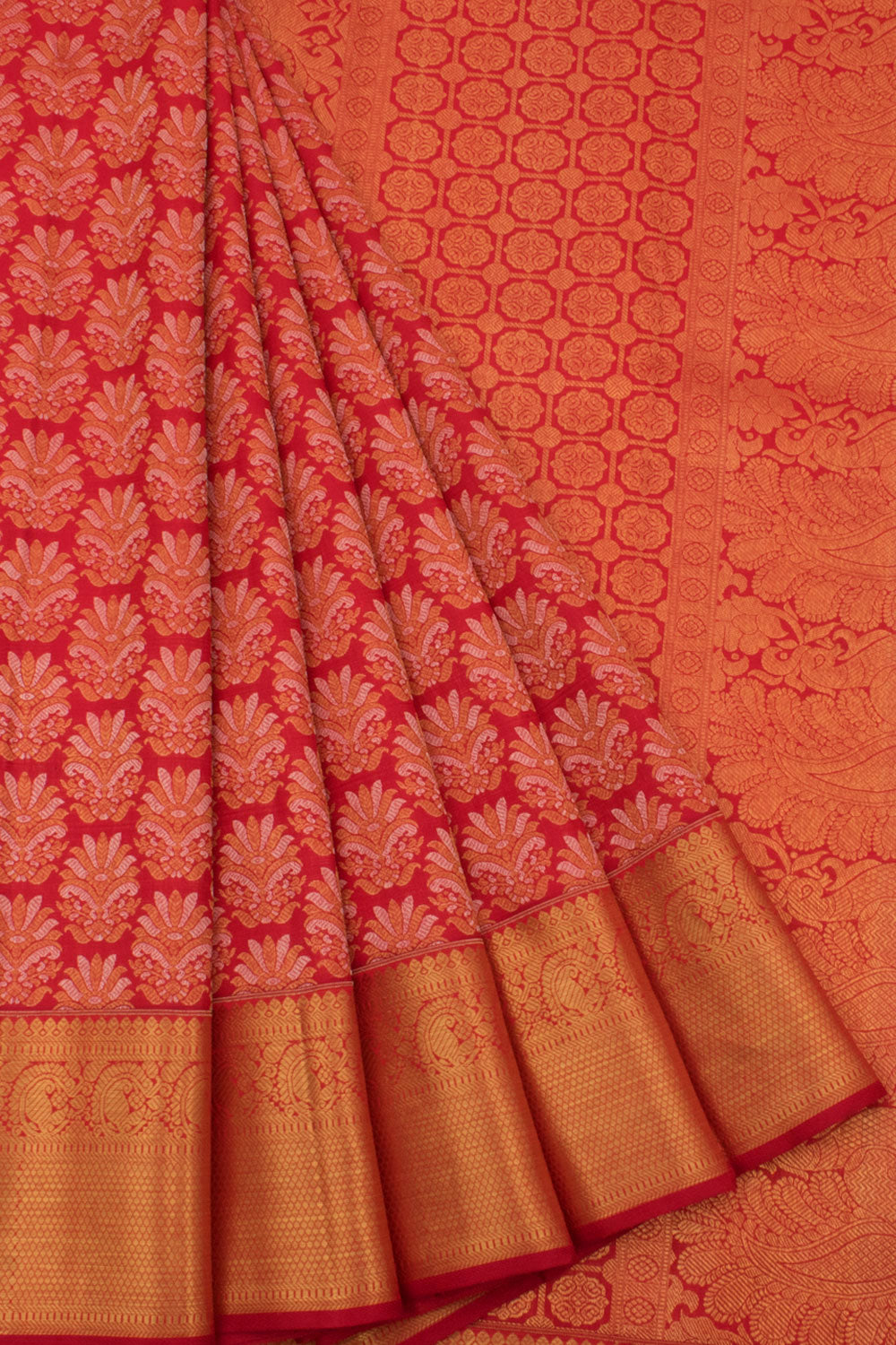 Handloom Pure Zari Bridal Jacquard Kanjivaram Silk Saree with Meenakari Floral Motifs and Salangai Paisley Border