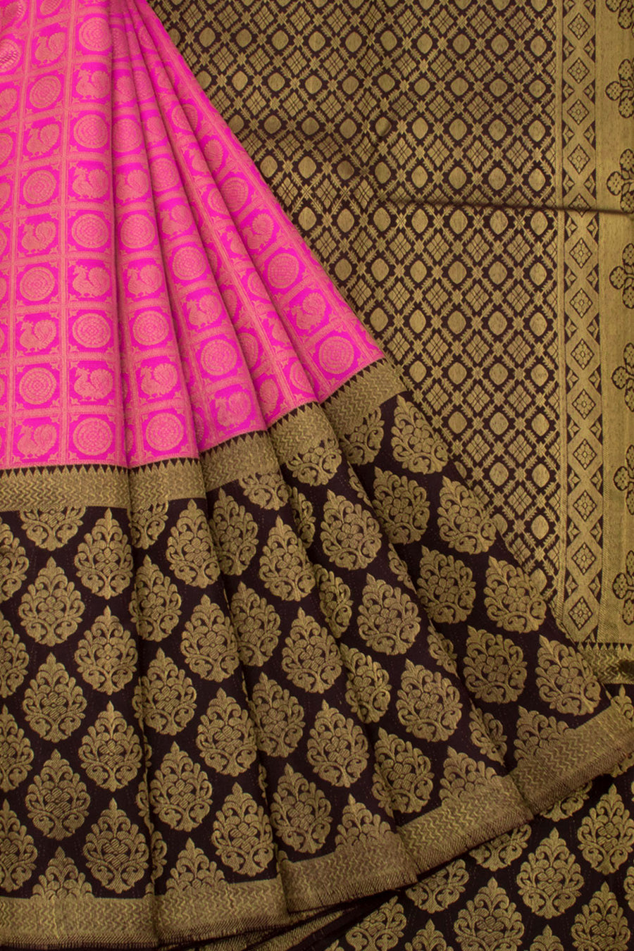 Handloom Pure Zari Korvai Jacquard Kanjivaram Silk Saree with Kattam Butta Mayil Chakram Motifs and Floral Border