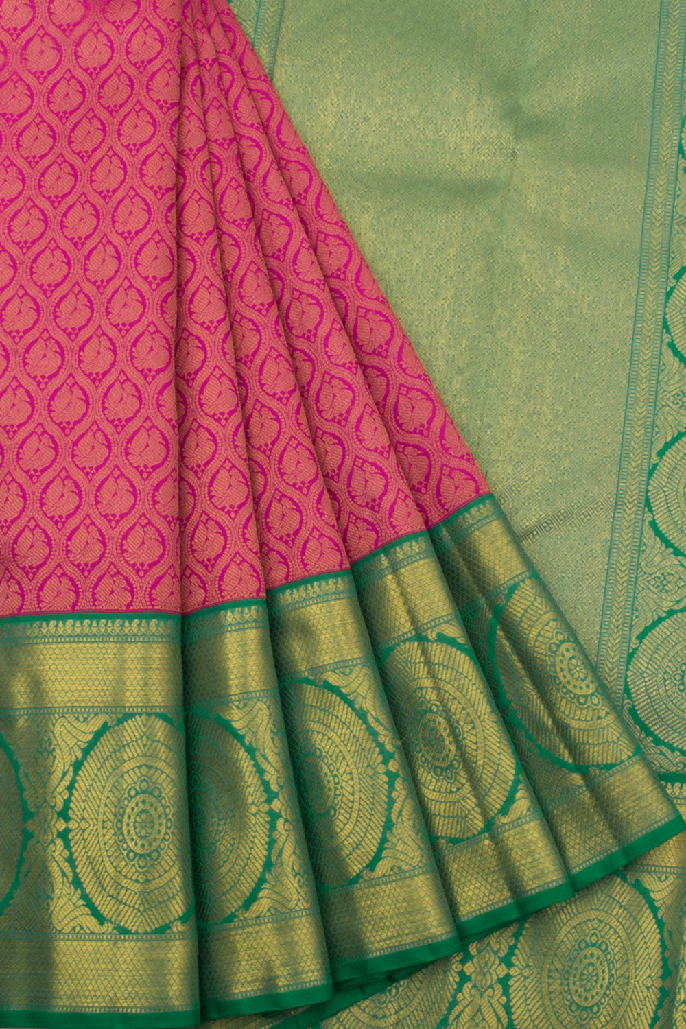 Handloom Pure Zari Bridal Korvai Jacquard Kanjivaram Silk Saree with Trellis Peacock Design and Chakram Border