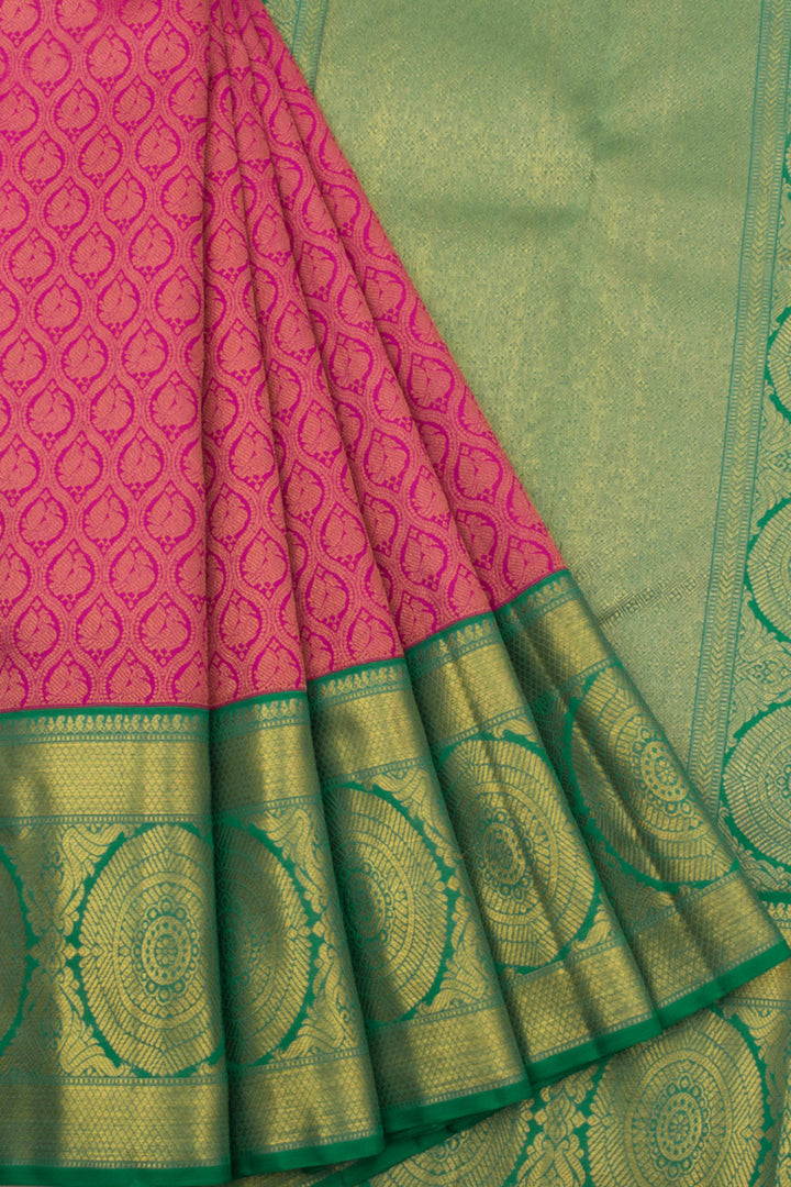 Handloom Pure Zari Bridal Korvai Jacquard Kanjivaram Silk Saree with Trellis Peacock Design and Chakram Border