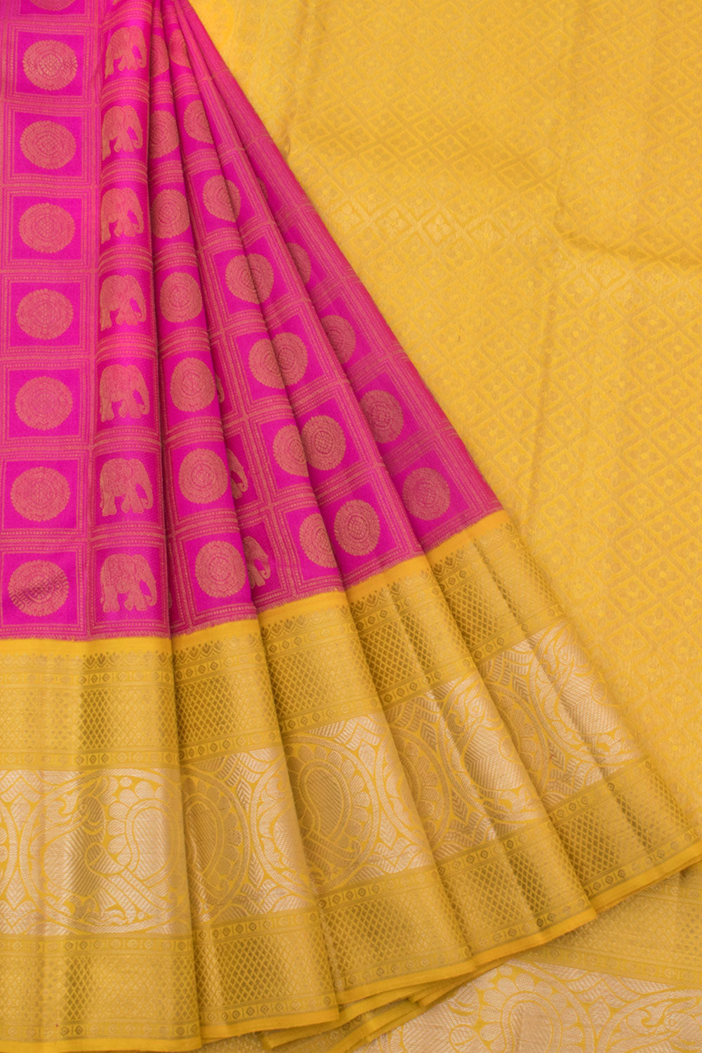 Handloom Pure Zari Bridal Korvai Jacquard Kanjivaram Silk Saree with Checks Design, Elephant, Chakram Motifs and Peacock Border
