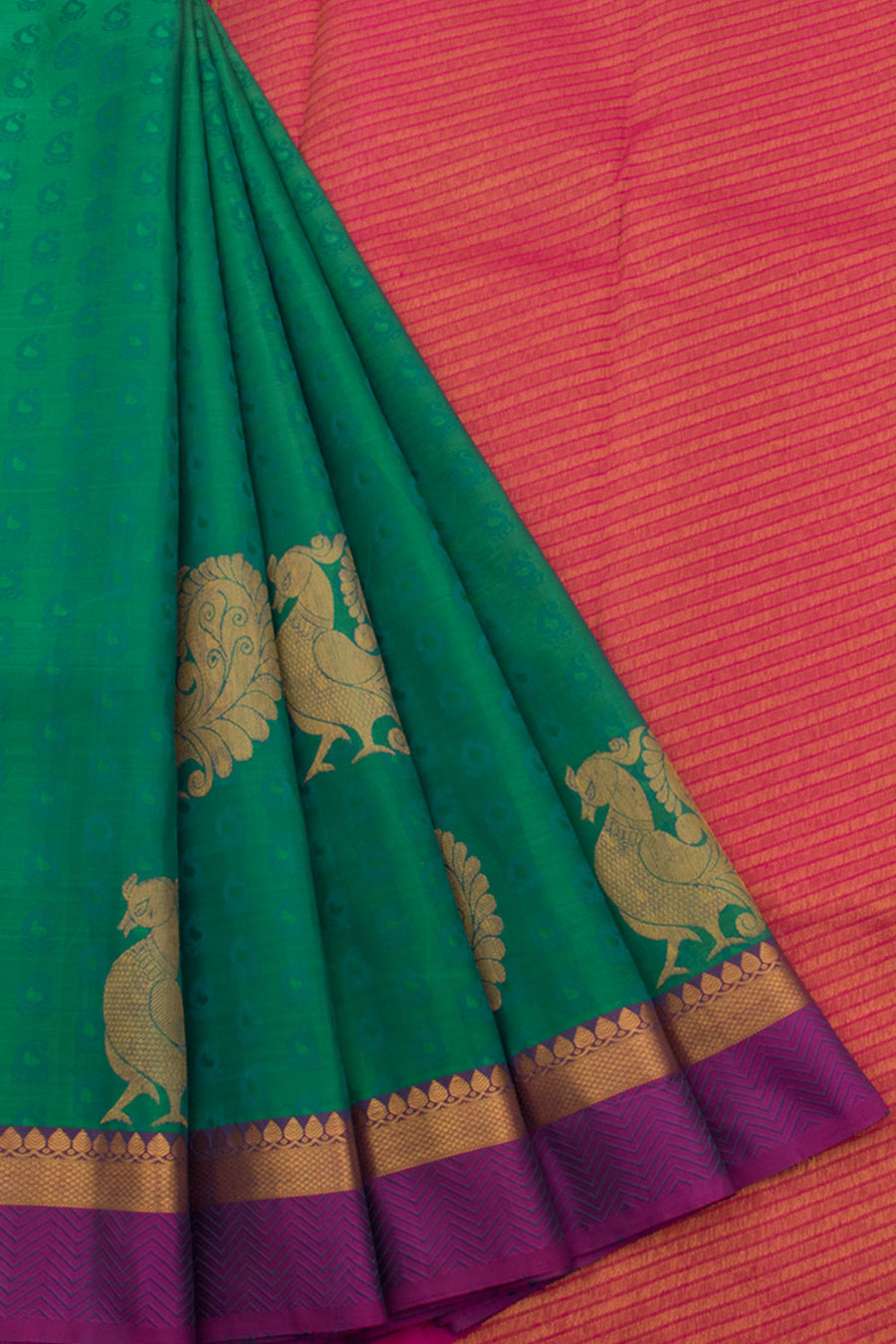 Handloom Pure Zari Jacquard Kanjivaram Silk Saree with Paisley, Peacock Motifs and Salangai Border