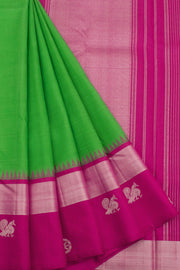 Handloom Pure Zari Korvai Kanjivaram Silk Saree with Silver Zari Mayil Chakram, Temple Border