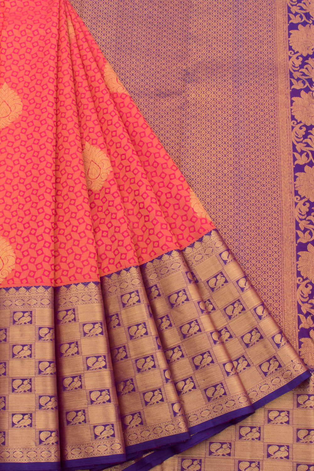 Handloom Pure Zari Jacquard Kanjivaram Silk Saree with Floral, Geometric Motifs and Peacock Border