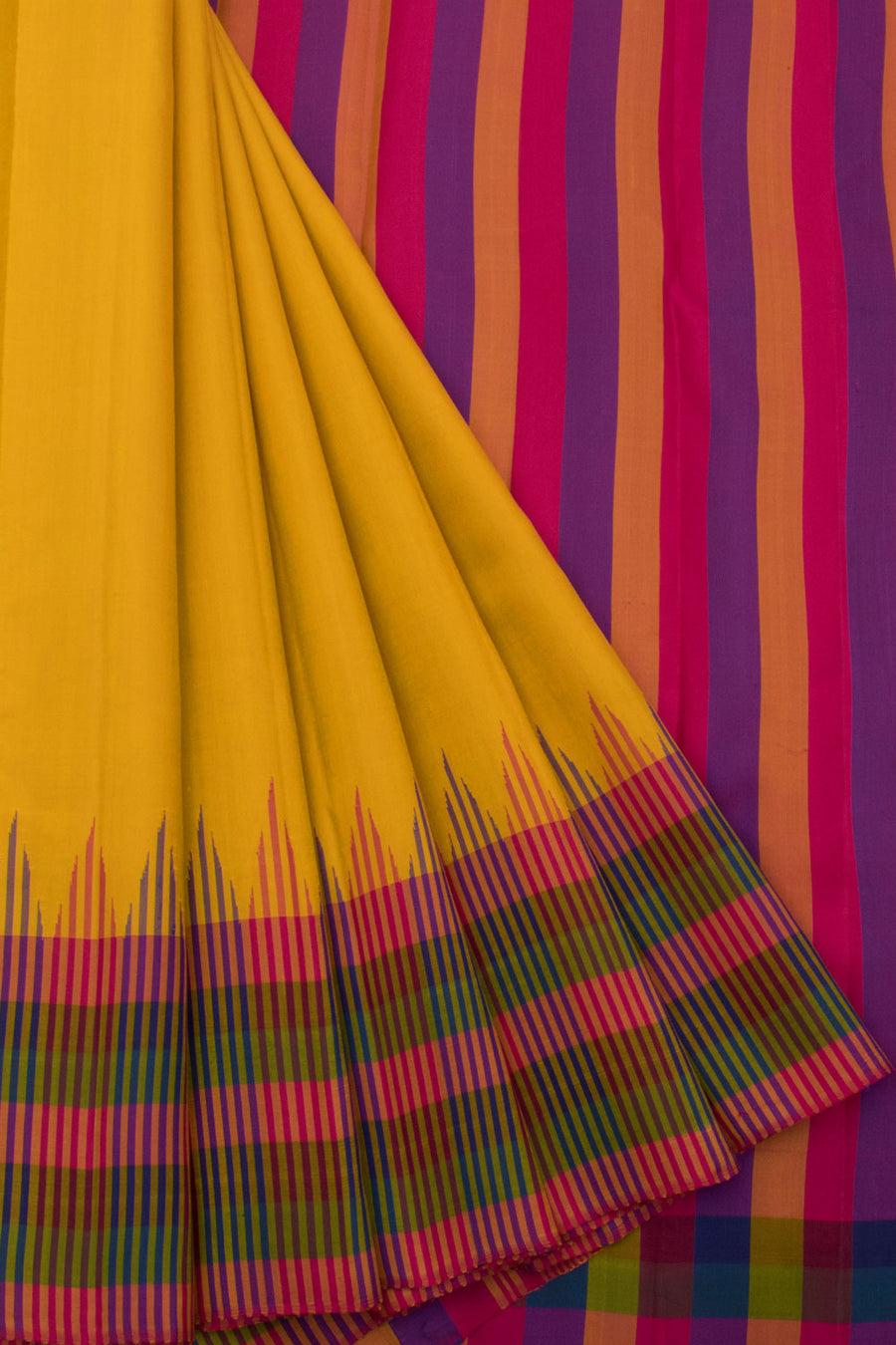 Handloom Threadwork Korvai Kanjivaram Silk Saree with Multicolour Temple Rekku Border 