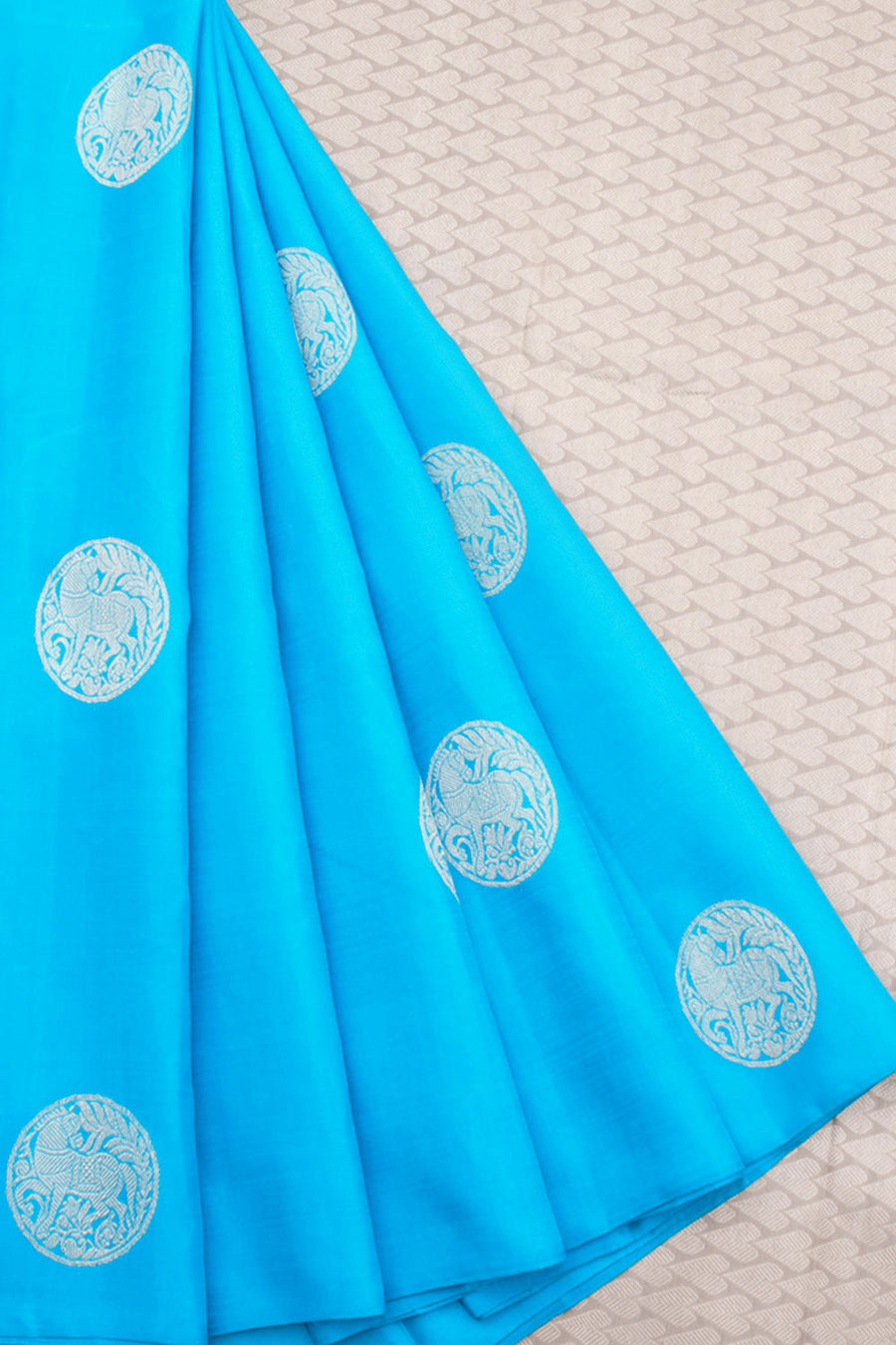 Sky blue Handloom Pure Zari Borderless Kanjivaram Silk Saree with Horse Motifs