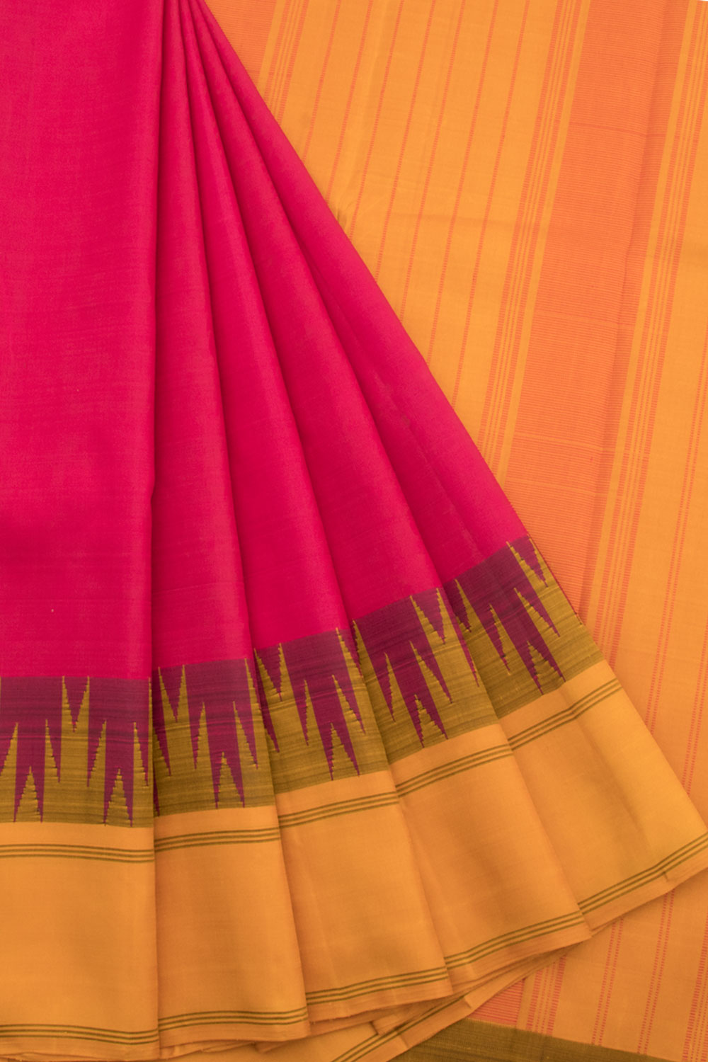 Crimson Magenta Handloom Pure Zari Korvai Kanjivaram Silk Saree with Temple, Thandavalam Border and Stripes Pallu