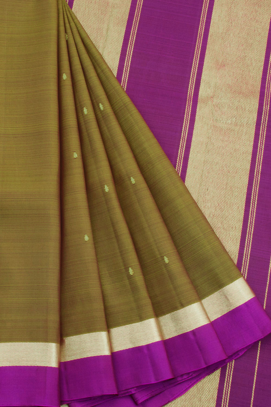 Olive green Pure Zari Kanjivaram Silk Saree with Floral Motifs and Zari Stripes Pallu