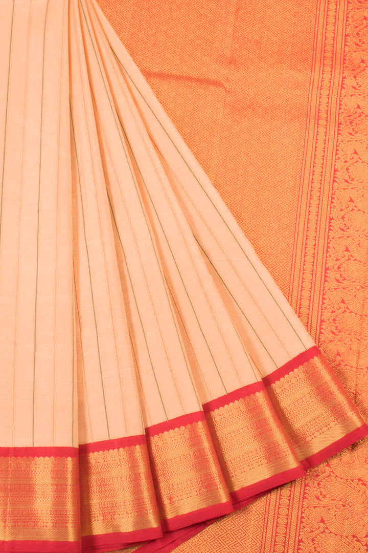 Handloom Pure Zari Korvai Kanjivaram Silk Saree with Stripes Design, Floral and Rudhraksham Motifs Border, Floral and Annam Motifs Pallu 
