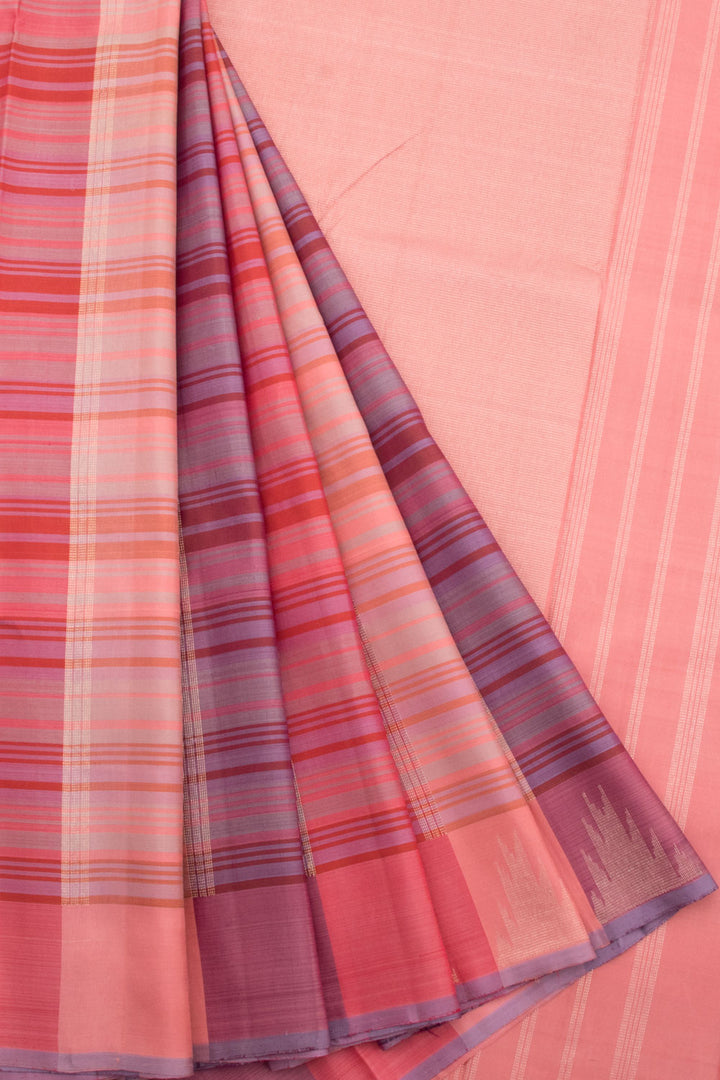 Handloom Pure Zari Kanjivaram Silk Saree with Stripes, Temple Border and Zari Stripes Pallu 