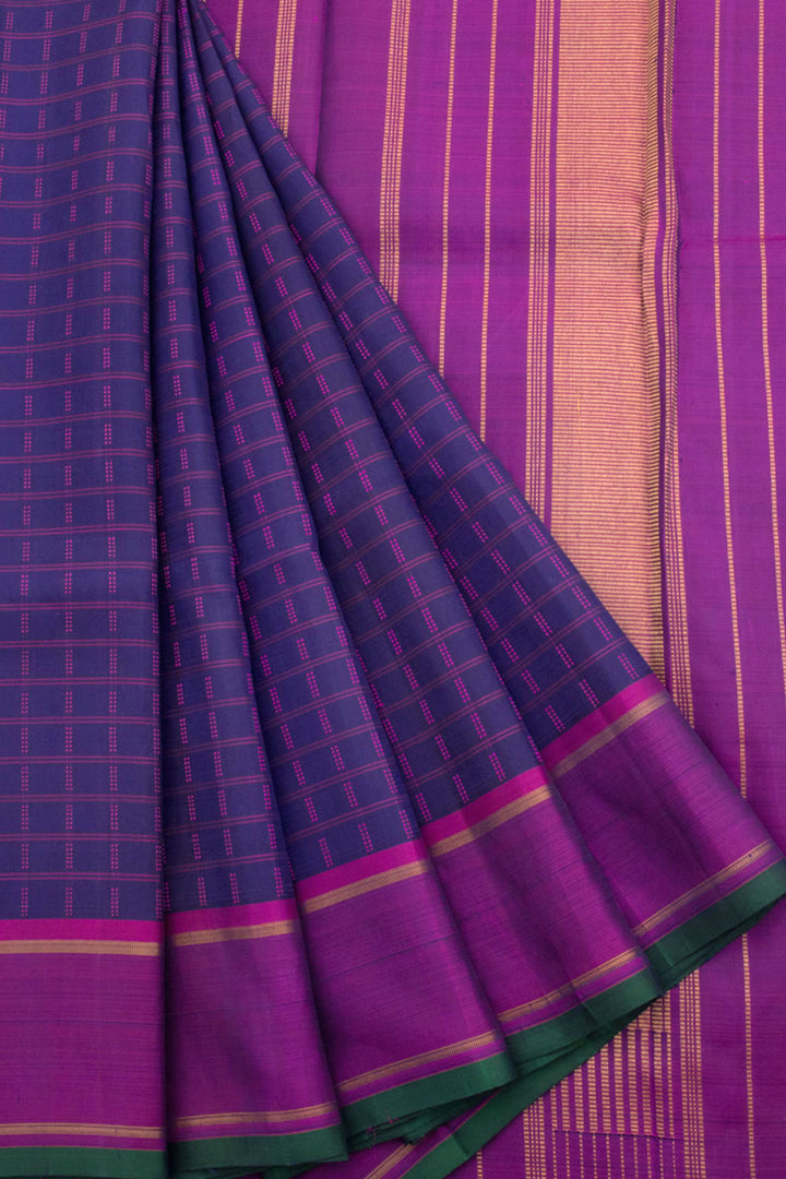 Navy Blue Handloom Pure Zari Kanjivaram Silk Saree with Checks Design and Zari Stripes Pallu