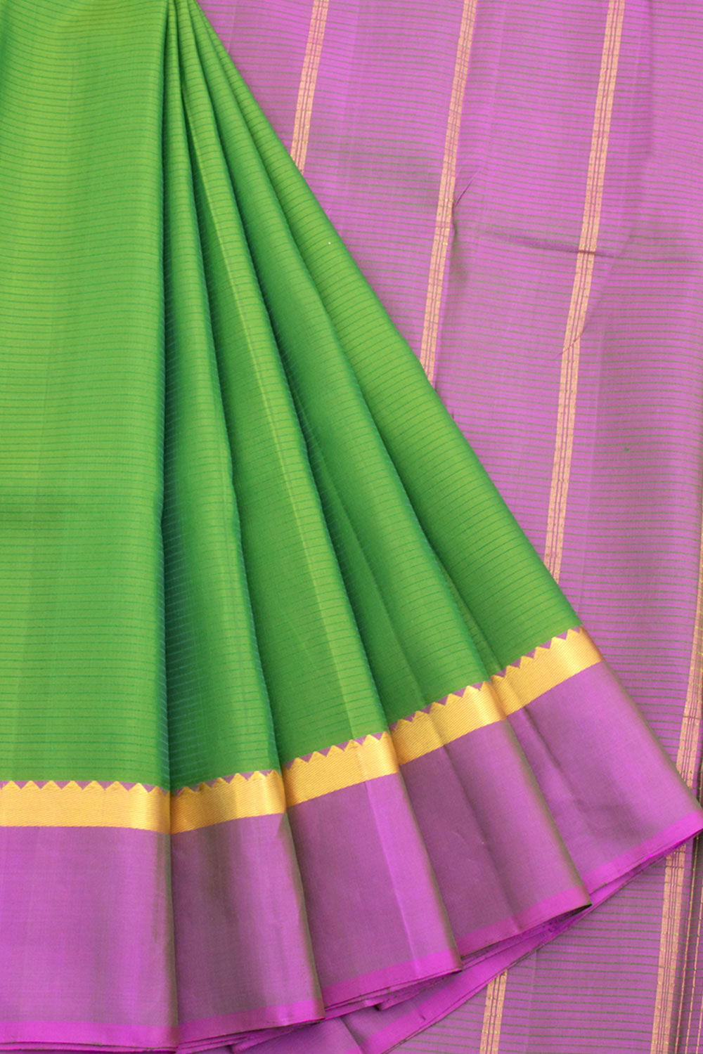 Green Pure Zari Kanjivaram Silk Saree with Stripes, Ganga Jamuna Border and Zari Stripes Pallu