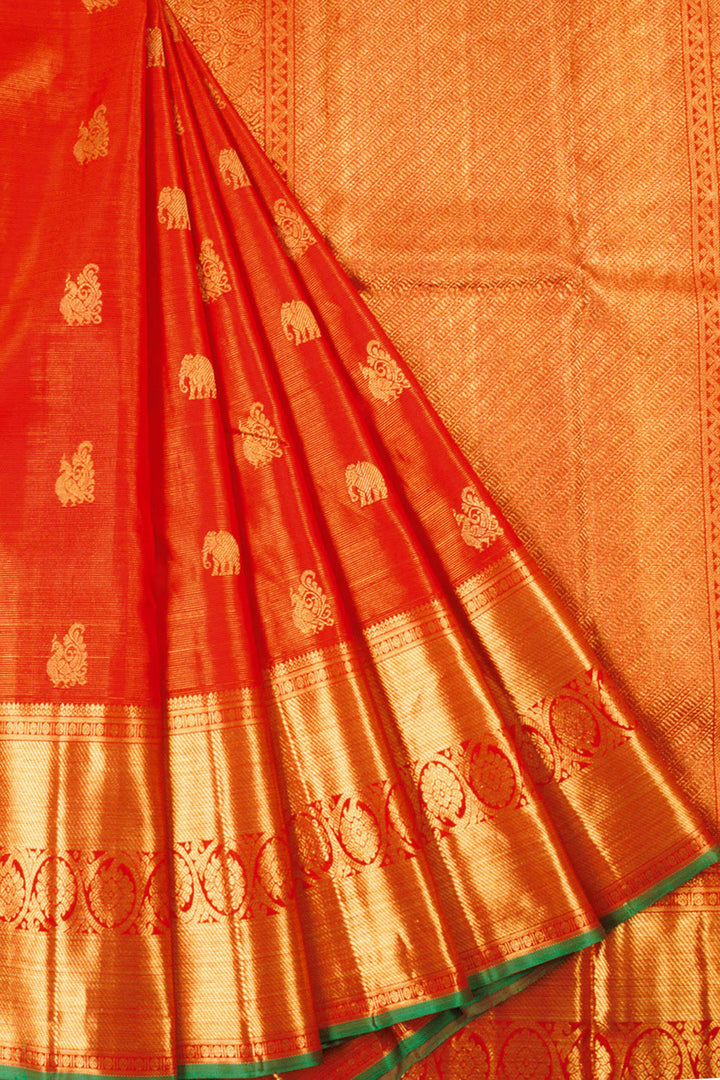 Handloom Pure Zari Red Kanjivaram Silk Saree with Vaira Oosi Design, Peacock and Elephant Motifs, Floral Motifs Border, Peacock and Yazhi Motifs Pallu 