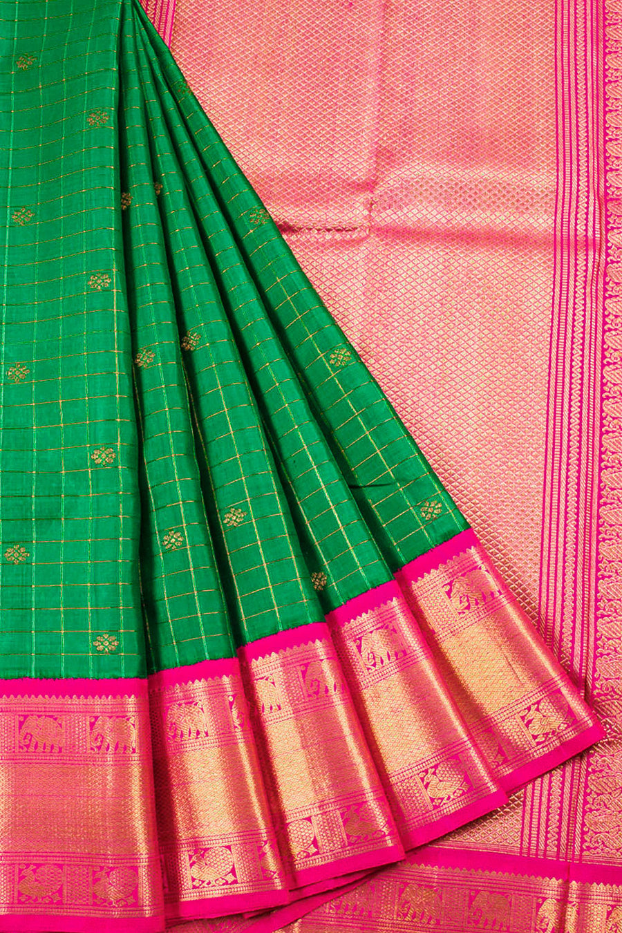 Handloom Pure Zari Green Korvai Kanjivaram Silk Saree with Floral Motifs and Zari Checks, Peacock and Elephant Motifs Thandavalam Border 