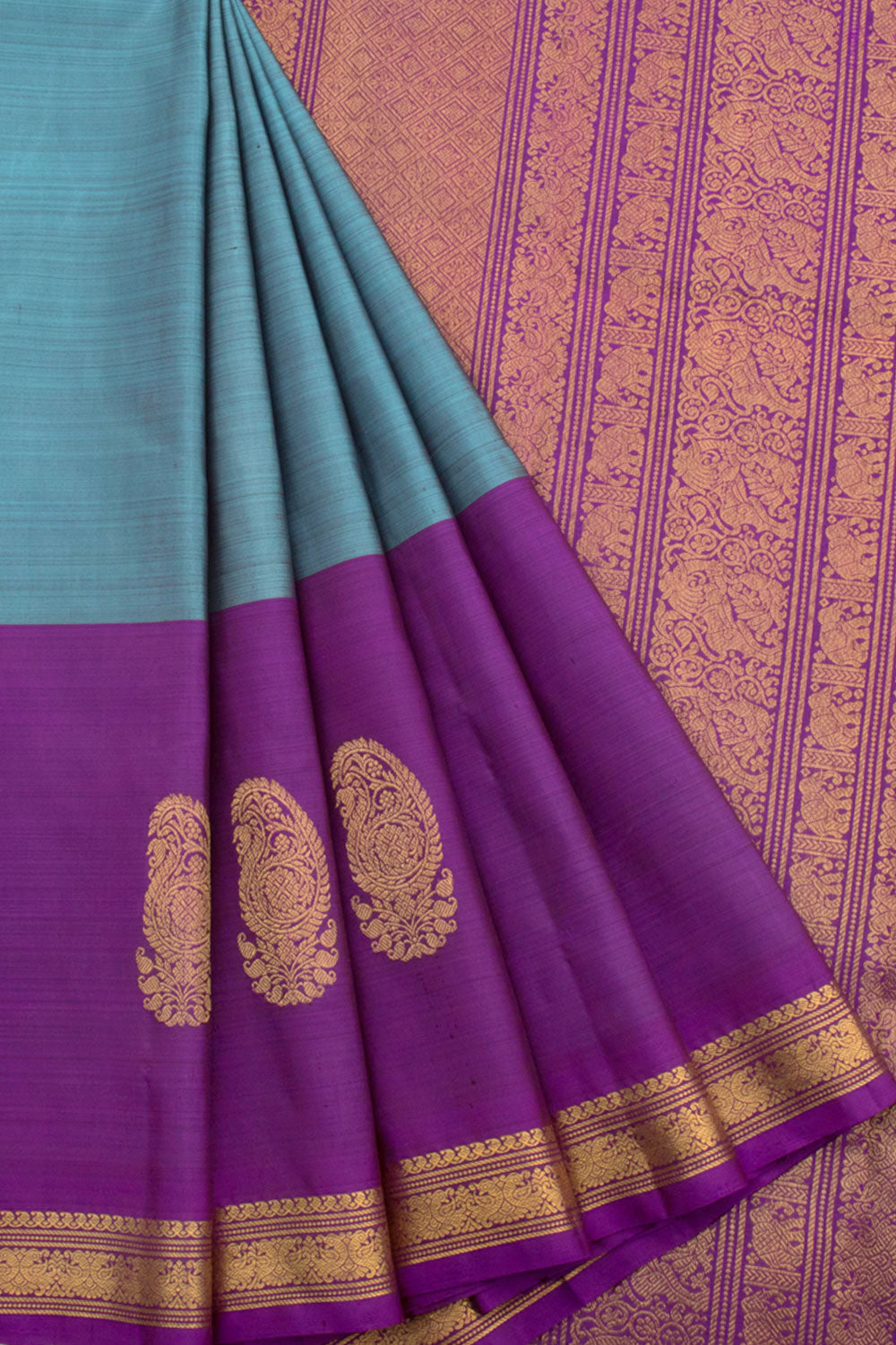 Blue Handloom Pure Zari Kanjivaram Silk Saree with Floral Butta Border