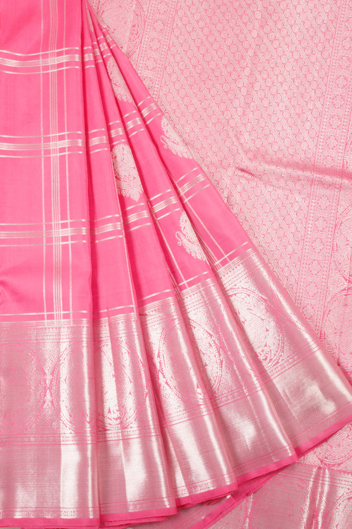 Handloom Pure Zari Pink Kanjivaram Silk Saree with Silver Zari Checks and Necklace Motifs, Annam and Rudhraksham Motifs in Border and Pallu
