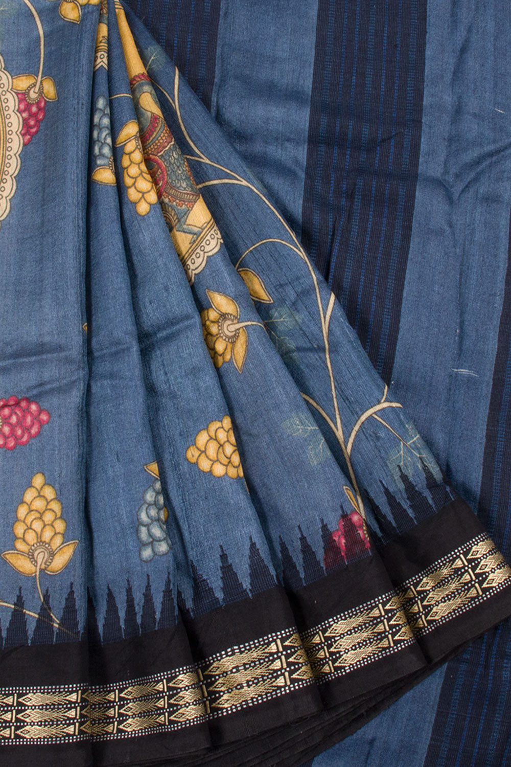 Digital Printed Kalamkari Tussar Silk Saree with Floral Peacock Design and Vidarbha Border 
