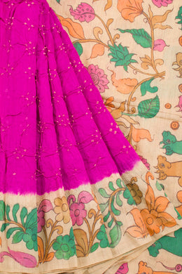 Magenta Pen Kalamkari Bandhani Tussar Silk Saree with Hand Painted Pen Kalamkari Border, Pallu and Blouse